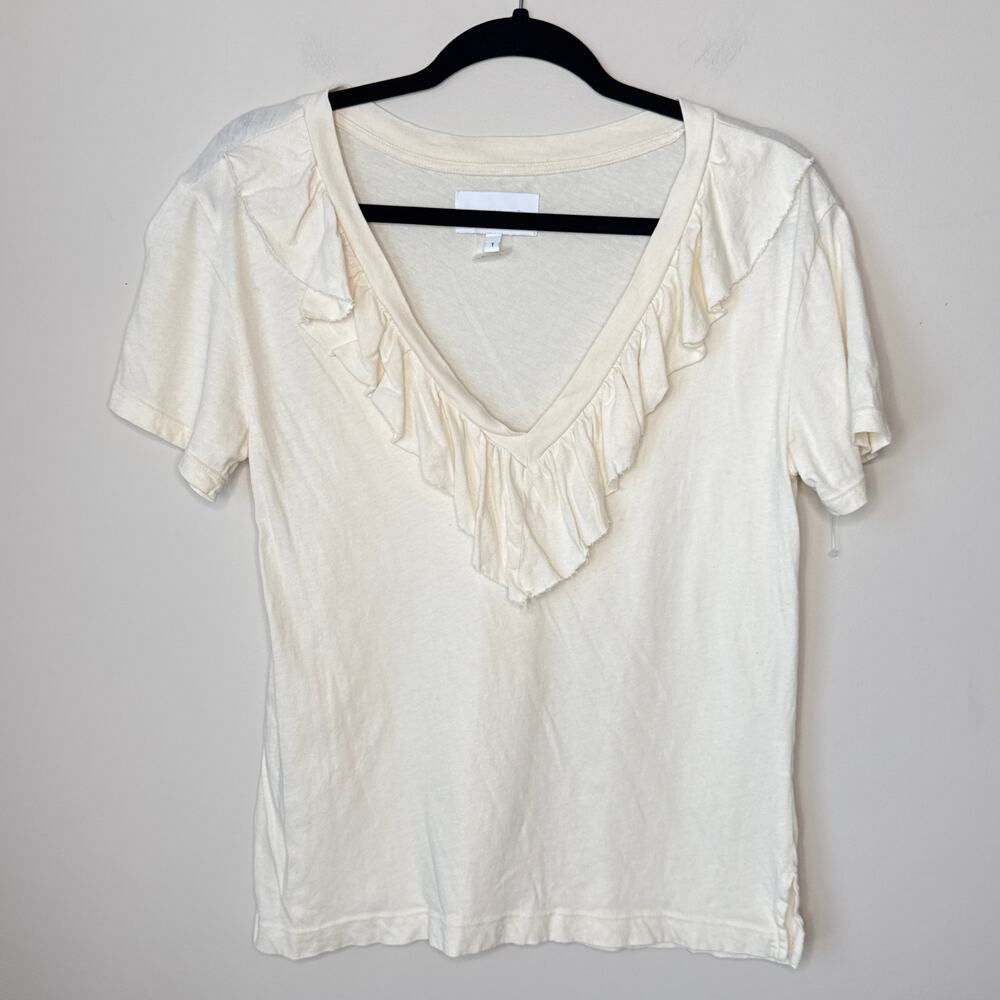 Current/Elliott Cream Ruffle V-Neck Short Sleeve Cream Top Size 1 Small T-Shirt